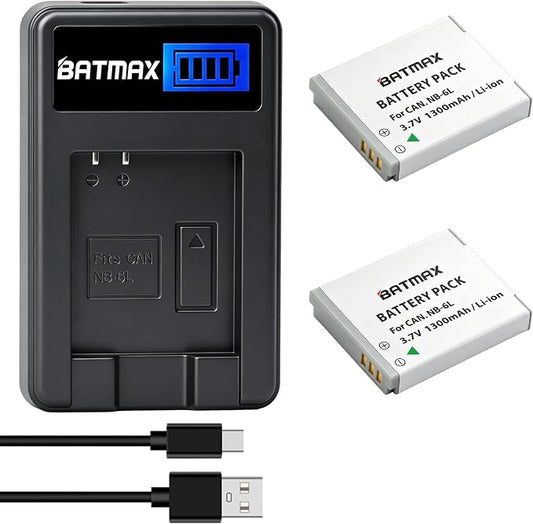 Batmax 2Pcs 1300mAh NB-6L NB-6LH Battery + LCD USB Charger by Batmax