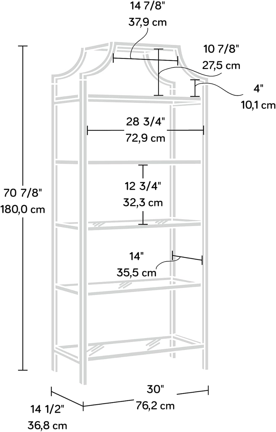 Sauder International Lux Book Shelf 5 Tier Modern Metal Multipurpose Bookcase with Glass Shelving, in a Bronze Finish