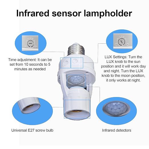 PIR Motion Sensor Light Socket, E26/E27 Smart Lamp Bulb Holder Adapter Auto - Image 4
