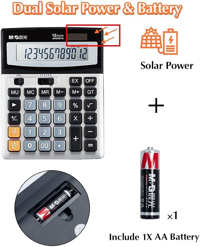 M&G Desk Calculator 12 Digit Extra Large LCD Display Calculators, Dual Solar - Image 3
