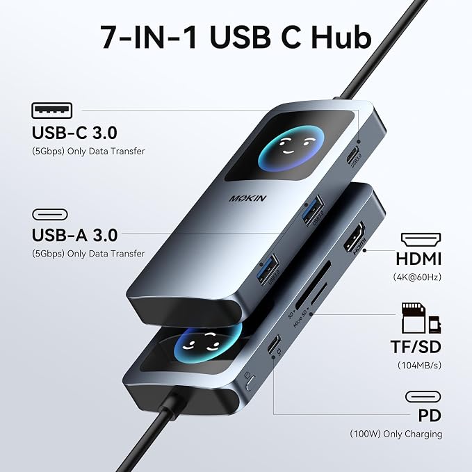 MOKiN 7 in 1 USB C Hub, 4K@60Hz Smart LED Docking Station - Image 2