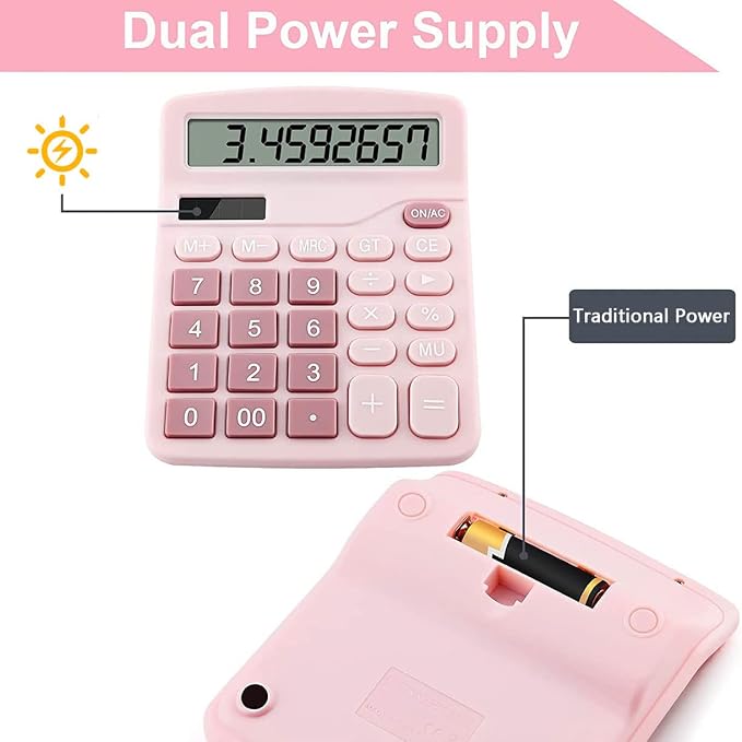Office Calculators Desktop, 12-Digit Dual Power Cute Calculator - Image 3