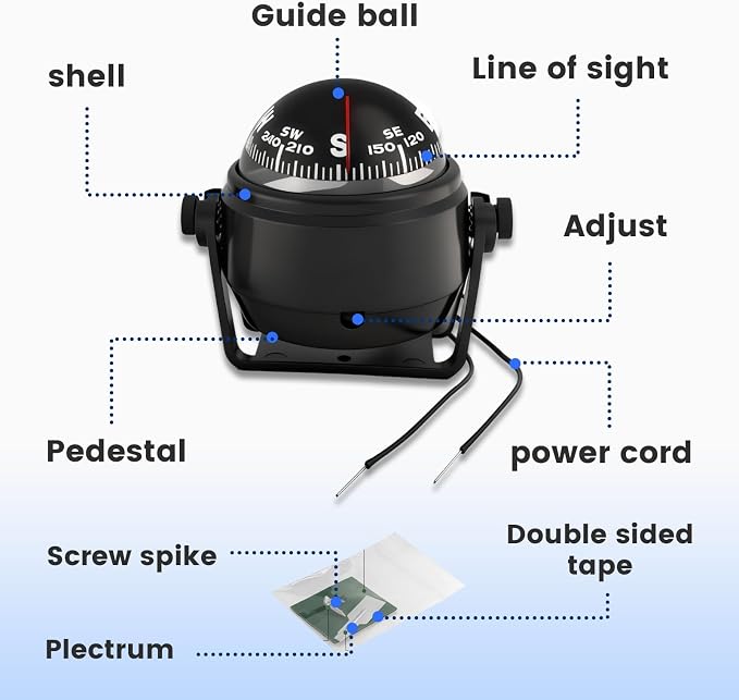 Boat Compass with Magnetic Declination Adjustment, Pivoting Marine Compass - Image 3