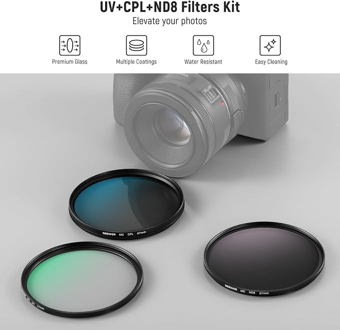 NEEWER 67mm UV/CPL/ND Lens Filter Kit, UV Protection + Circular Polarizing + - Image 2