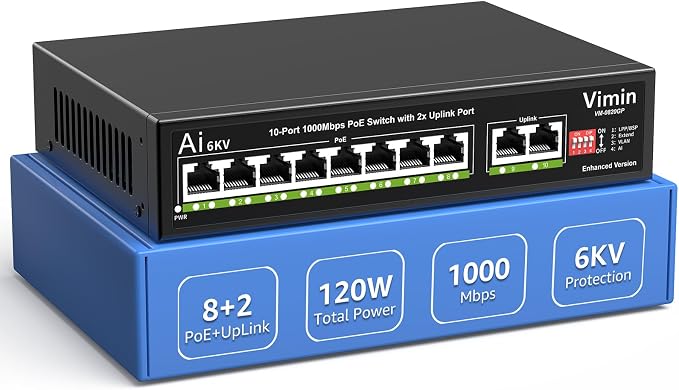 10-Port Gigabit PoE Switch, VIMIN 8-Port Unmanaged 10/100/1000Mbps Network PoE by Vimin