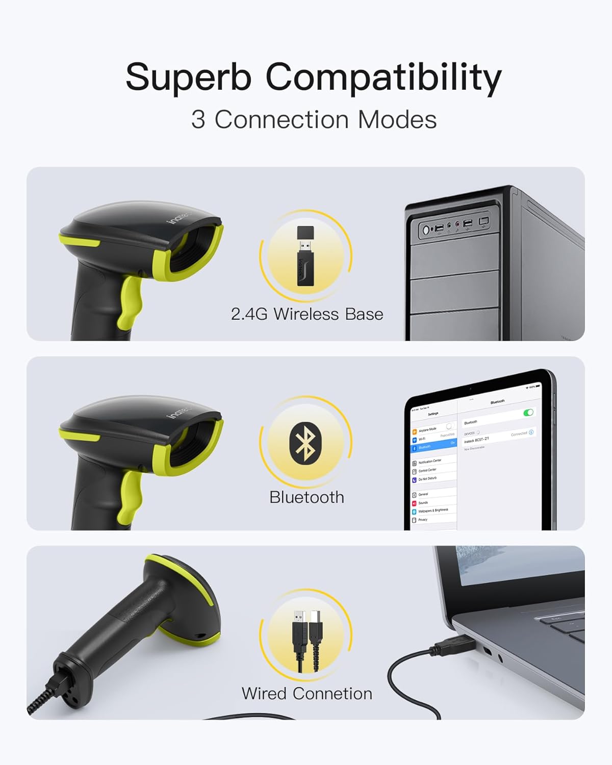 Inateck 2D Barcode Scanner, Wireless Bluetooth QR Barcode Scanner, Handheld Scanner with APP and SDK, 1 Charge for 3 Months, BCST-23 Green