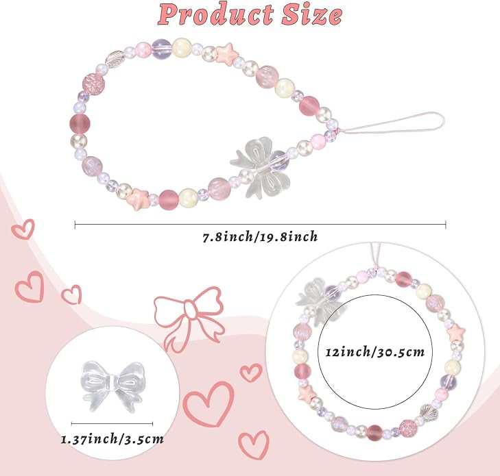 Pink Beaded Phone Wrist Straps, Y2K Phone Case Charms Camera Charm Strap - Image 5