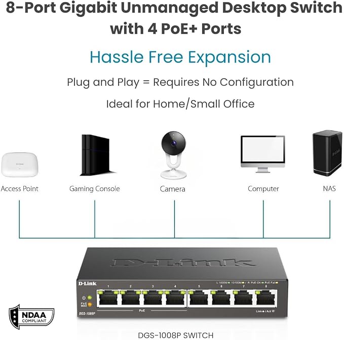 D-Link 8-Port Gigabit Unmanaged PoE+ Ethernet Switch, - Image 3