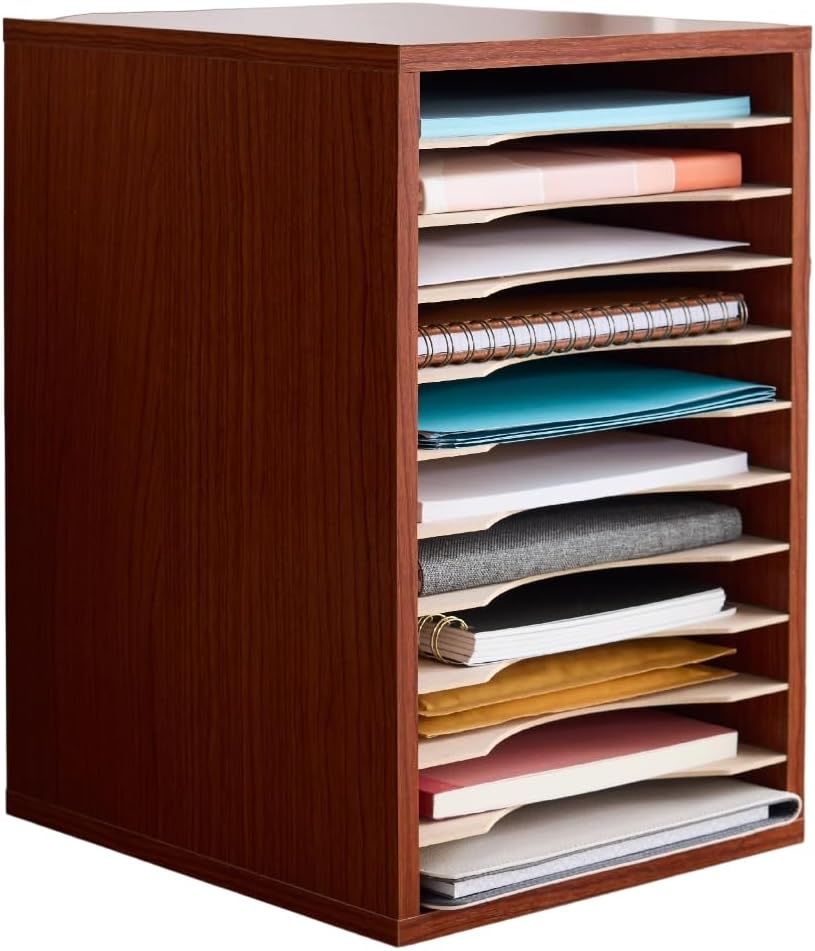 Safco Vertical Literature Organizer, 11 Compartments, Office and Classroom Mailbox with Adjustable Shelves, Wood Paper and Mail Sorter, Cherry