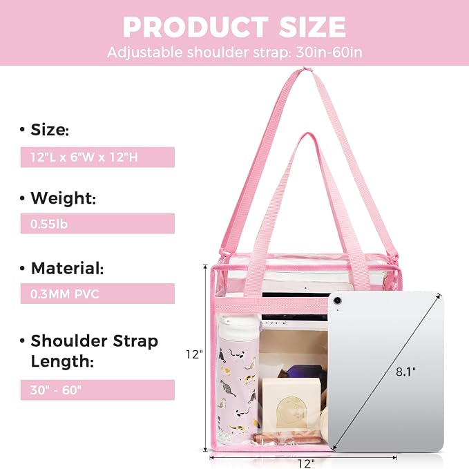 BAGAIL Clear Bags 12x6x12 Stadium Approved Clear Tote Bag - Image 3