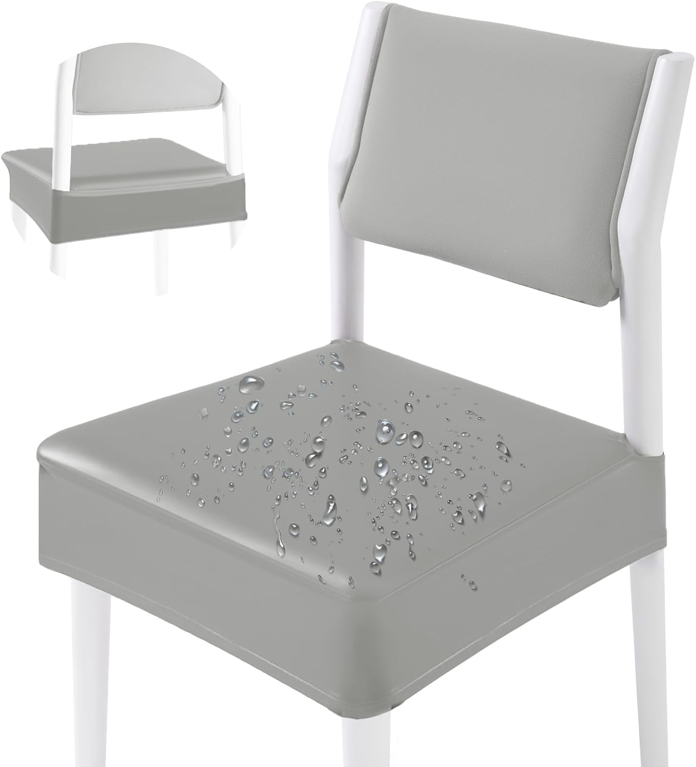 CWK Waterproof PU Leather Dining Chair Covers Set of 4-Stretchable Chair Seat Slipcovers, Removable & Washable Protector for Dining Room,Home,Office,Wedding,Rear Covers (PU-Silver)
