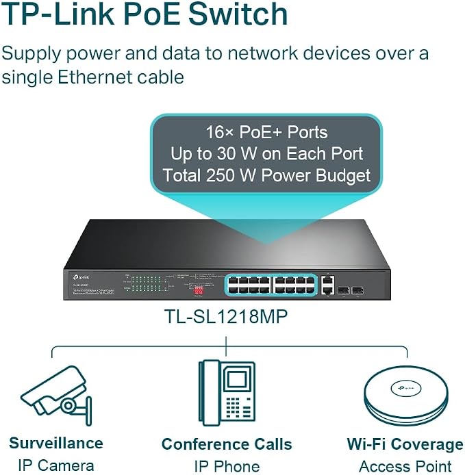 TP-Link TL-SL1218MP 16 Port 10/100Mbps Fast Ethernet PoE Switch 16 PoE+ Ports - Image 3