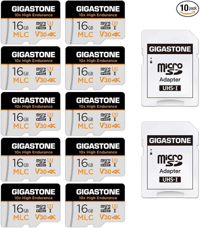 GIGASTONE Industrial 16GB MLC Micro SD Card 10-Pack, 4K Video Recording by Gigastone