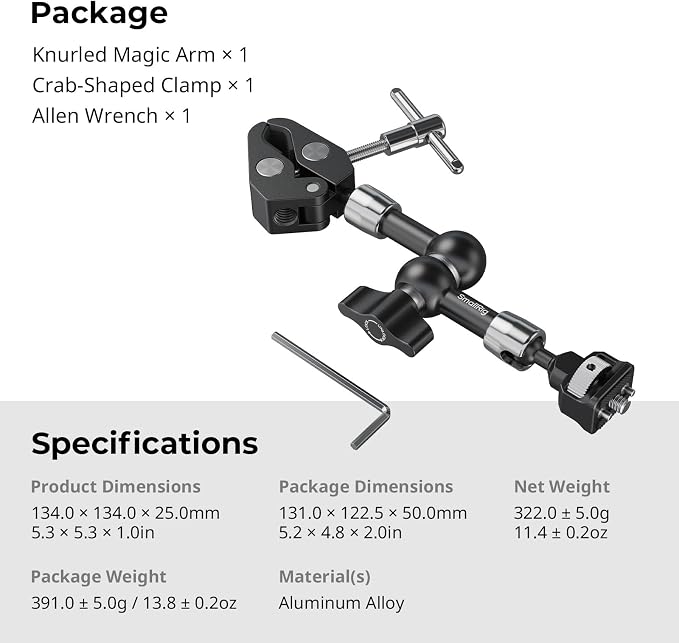 SMALLRIG 7 Inch Magic Arm with Crab-Shaped Clamp, Arm with 1/4"-20 Screw and - Image 8