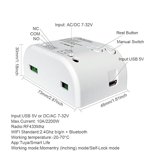 Smart WiFi Wireless Relay Switch Module, Tuya 1CH AC/DC 7-32V/ USB 5V Smart - Image 2