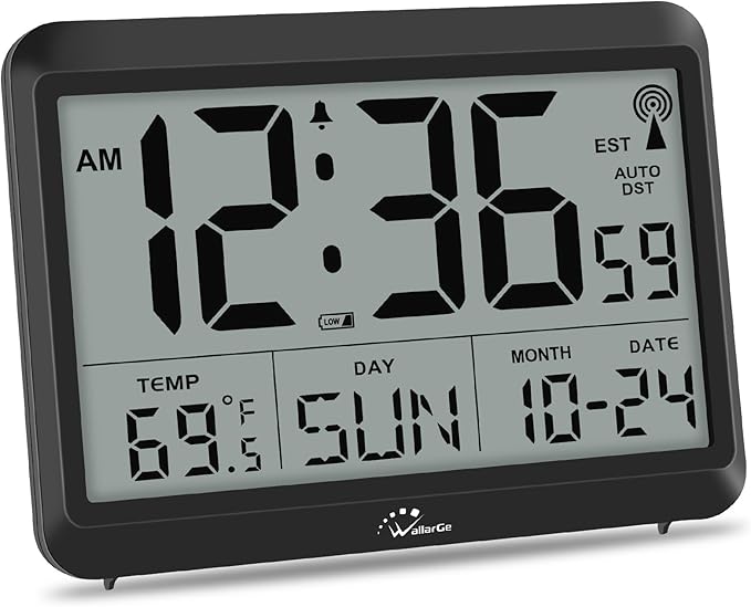 WallarGe Atomic Digital Wall Clock Battery Operated, Self-Setting, Large Display by WallarGe