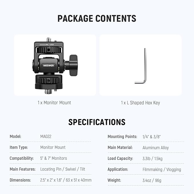 NEEWER Camera Field Monitor Mount Holder Bracket, 360° Swivel 180° Tilt - Image 2