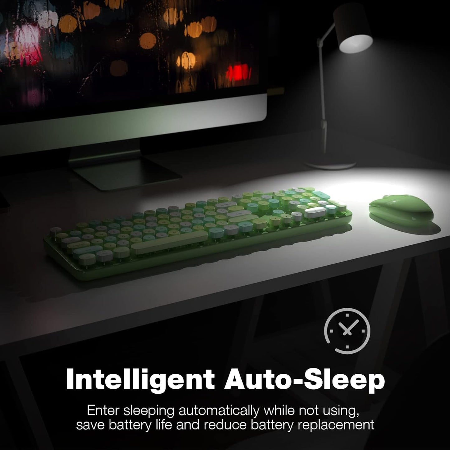 MOFII Wireless Keyboard and Mouse Combo, 2.4Ghz USB Full Size Typewriter Keyboard with Number Pad and Sport Car Mouse for PC Computer Desktop Windows (Green Colorful)