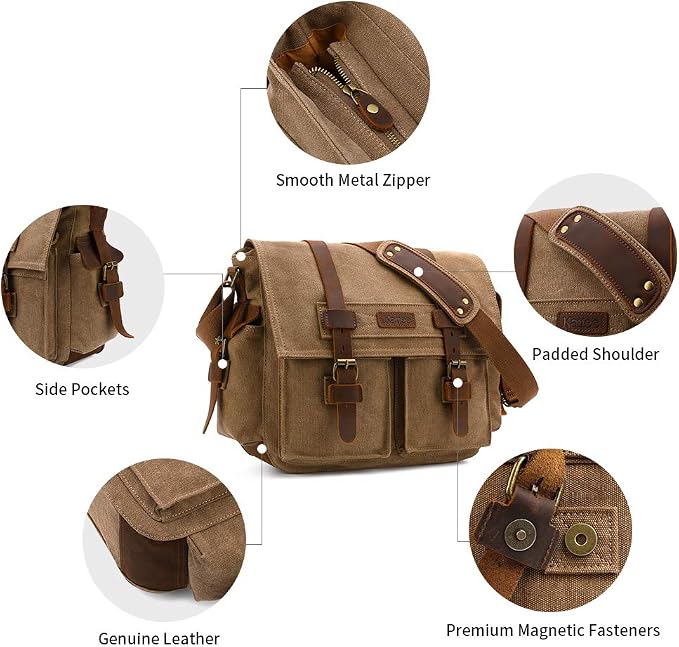 Kattee Leather Canvas Camera Bag Vintage DSLR SLR Messenger Shoulder Bag - Image 6