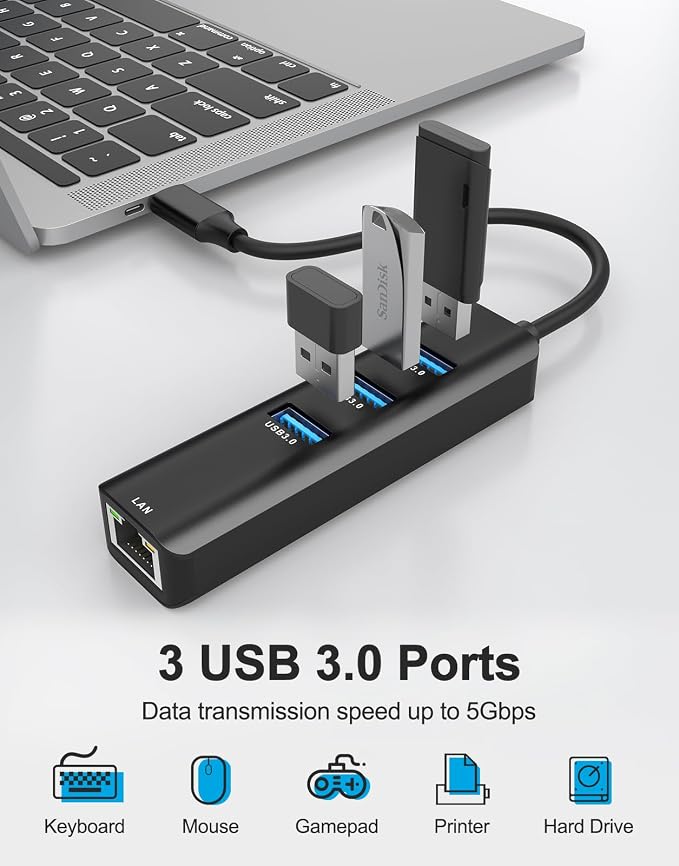 USB C to Ethernet Adapter, ABLEWE 4-in-1 RJ45 to USB-C/Thunderbolt 3 to Gigabit - Image 2