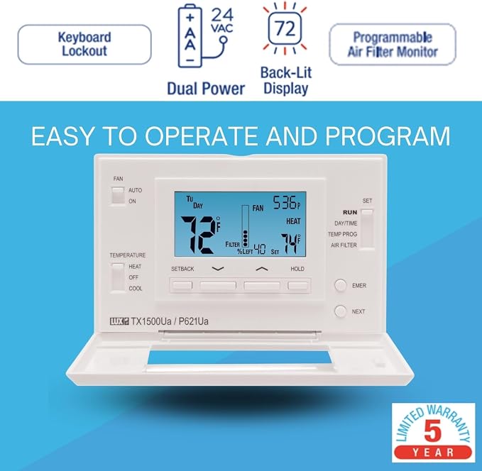 Lux Pro P621U-010 Programmable 5-1-1 Day Thermostat, 2 Heat, 1 Cool, Batteries - Image 2