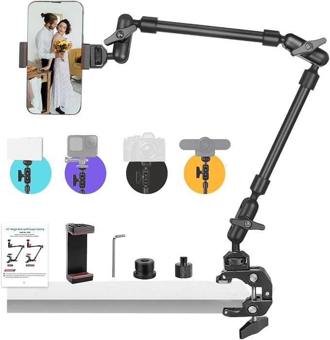 22" Magic Arm w Clamp, Overhead Phone Mount, Desk Camera Mount w Articulating by JEBUTU