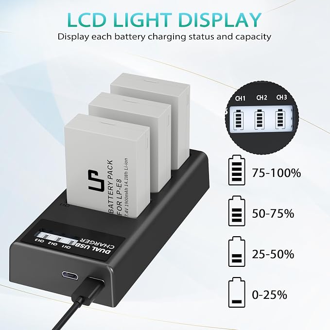 LP-E8 Battery Charger Set, LP 3 Pack LPE8 Replacement Battery & Triple Slot - Image 4