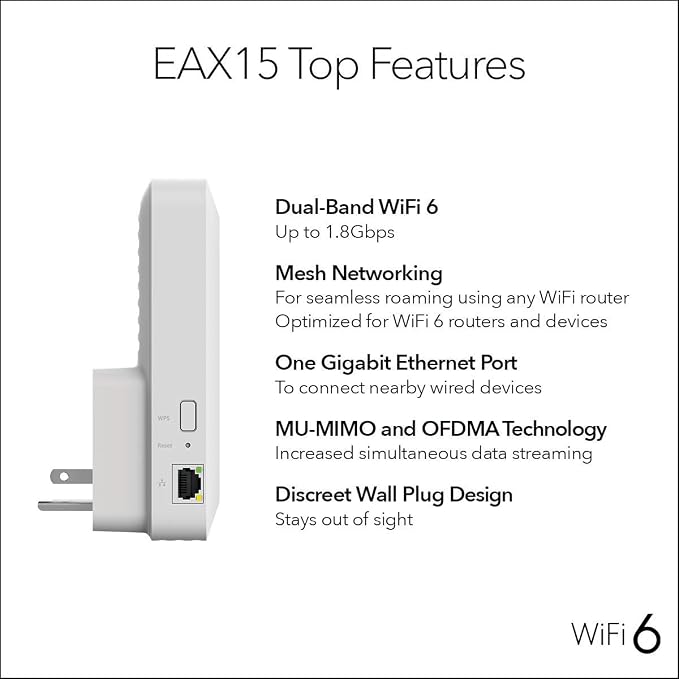 NETGEAR EAX15-100NAR AX1800 Dual-Band WiFi 6 Mesh Extender Wall Plug - Image 5