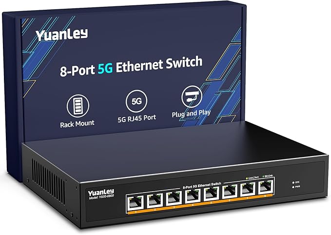 YuanLey 8-Port 5G Ethernet Switch, 8 x 5Gbps RJ45 Ports, Support by YuanLey