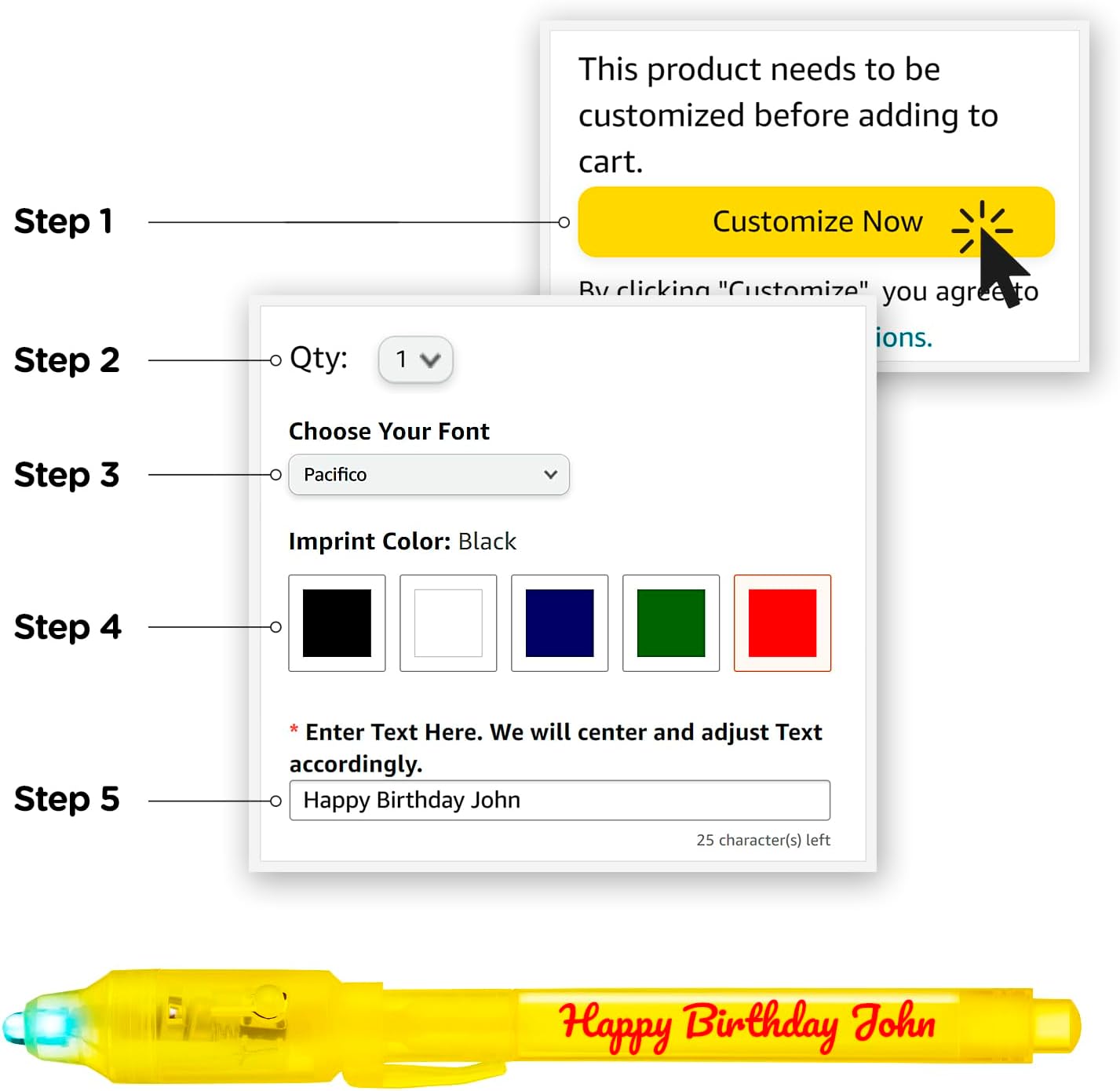 Personalized Invisible Disappearing Ink Pen Marker Pack, Custom Secret Spy Message Writer with UV Light, Fun for Kids Party Favors Gifts and Stock Stuffers, 24 Pack, Yellow