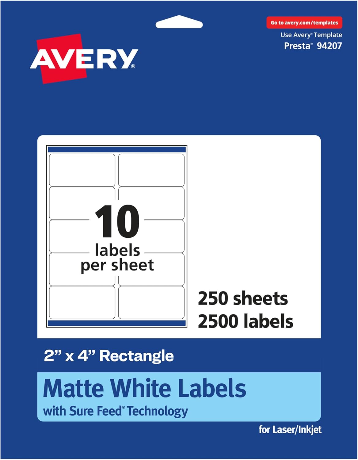 Avery Matte White Rectangle Labels, Sure Feed Technology, 2" x 4", 2,500 Matte White Printable Labels