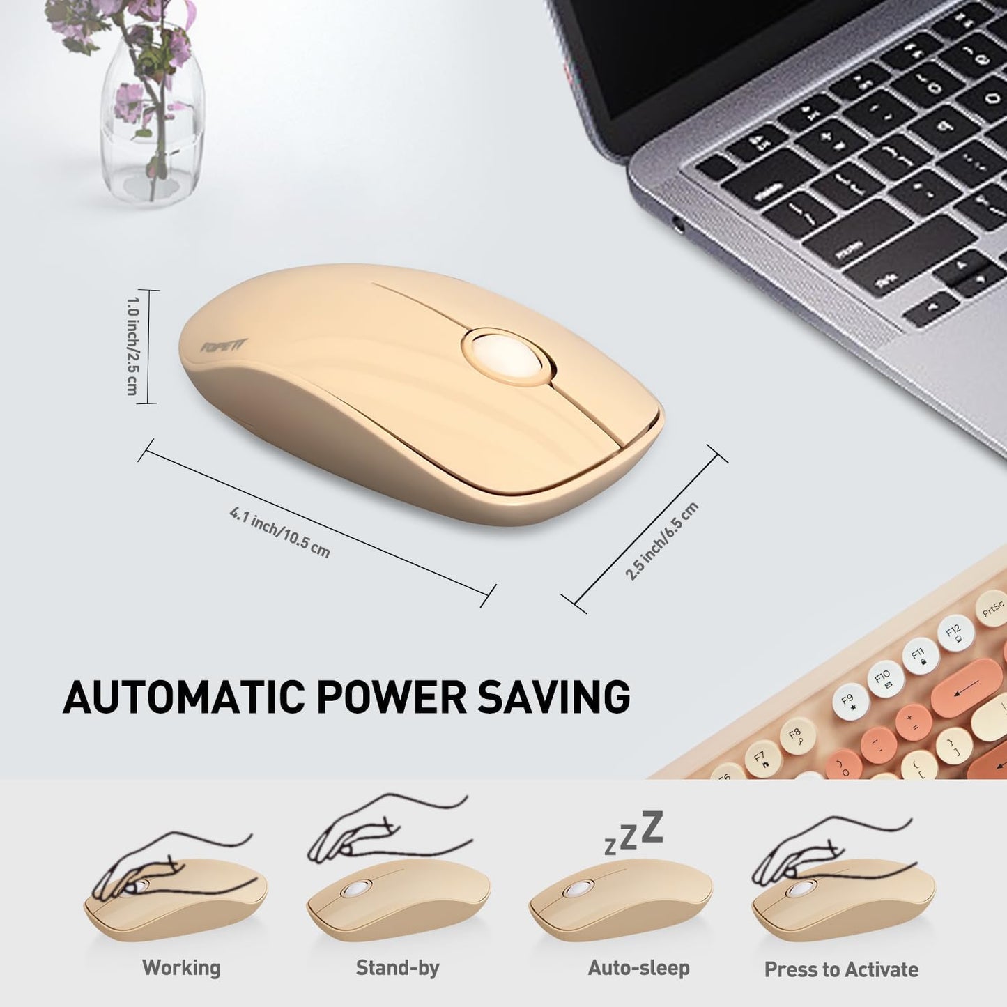 FOPETT 2.4GHz Wireless Keyboard and Mouse Set with Switch Button - Full-Size Keyboard - Compatible for Windows/Laptop/PC/Notebook/Smart TV and More - Milk Tea Colorful