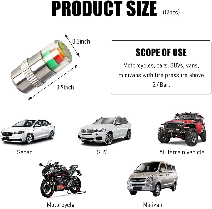 Yourkar 12 PCS Tire Pressure Monitor Valve Stem Caps, 2.4Bar 36PSI Car Tire - Image 2