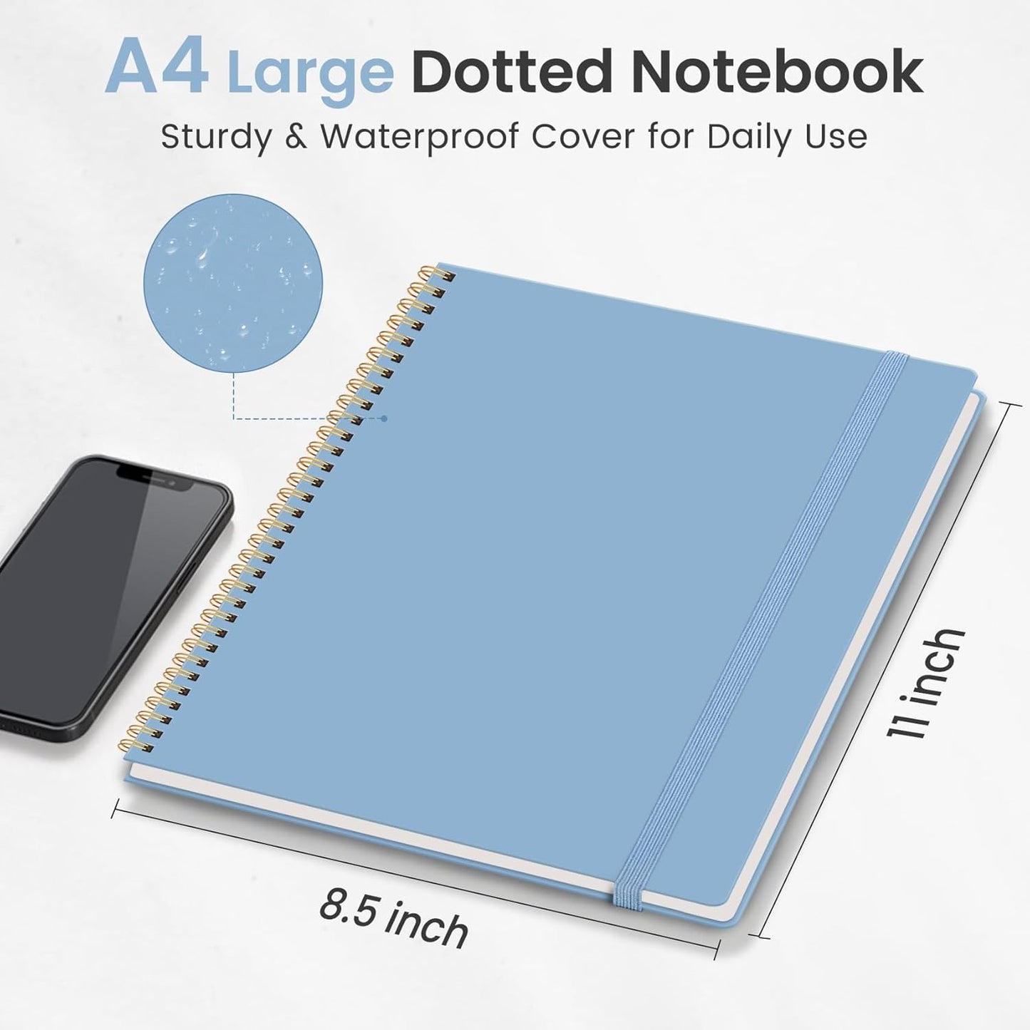 Taja Spiral Dotted Notebook, 8.5"x11" Notebooks for Work, Large A4 Journal for Women & Men, Bullet Dotted Journal, Journaling Notebook for Writing, Plastic Cover Spiral Journal, Blue