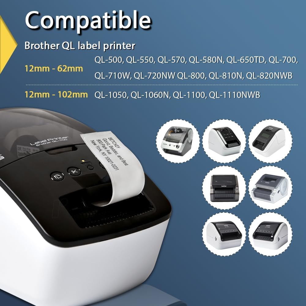 BETCKEY - Compatible Continuous Labels Replacement for Brother DK-2205 (2.4 in x 100 ft), Use with Brother QL Label Printers [6 Rolls + 1 Reusable Cartridge]