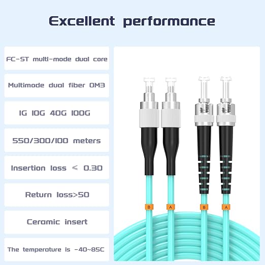 OM3 FC/UPC to ST/UPC Fiber Patch Cable 0.6Meters 2ft 10BG Multimode Duplex - Image 2