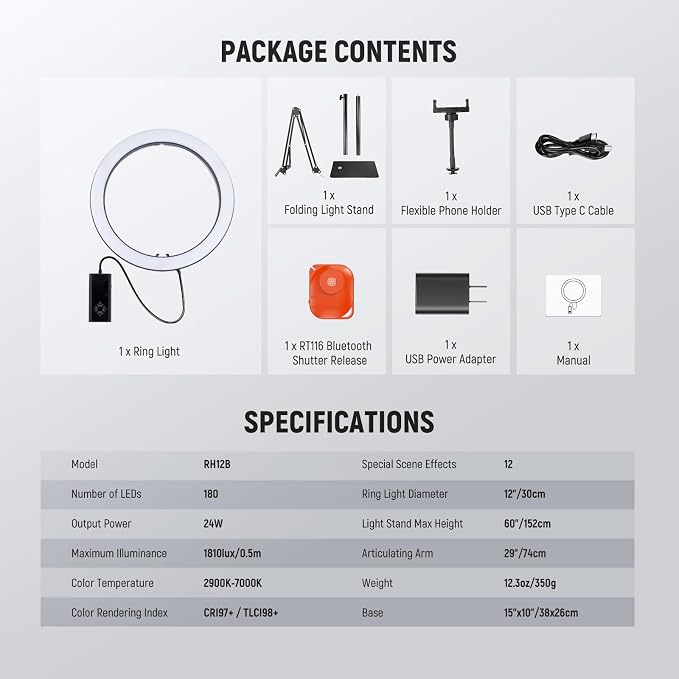 NEEWER 12" 24W High Power LED Ring Light Compatible - Image 9