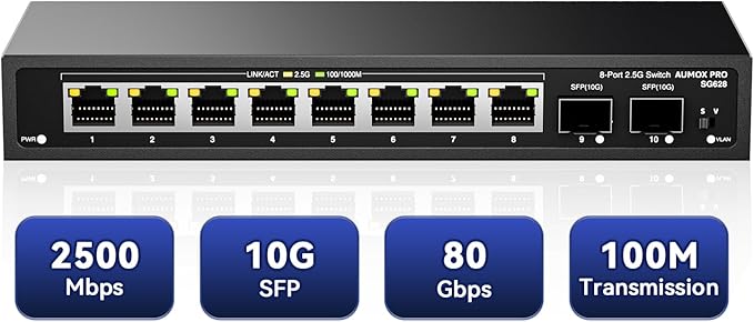 10 Port 2.5Gb Unmanaged Ethernet Switch by AUMOXPRO
