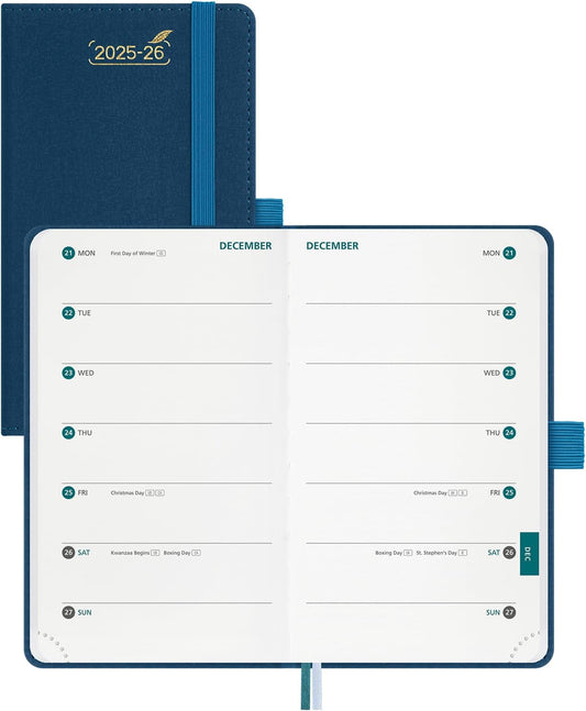 BEZEND Pocket Planner 2025-2026 Weekly with 2 Columns, 18-Month Academic Calendar (Jul 25-Dec 26), Life Work Appointment, Storage Pocket, Pen Holder, PU Leather Hardcover 3.5" x 6" - Prussian Blue