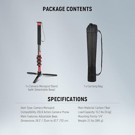 NEEWER 67.7" Camera Monopod Stand, Lightweight Carbon Fiber Travel Tripod - Image 8