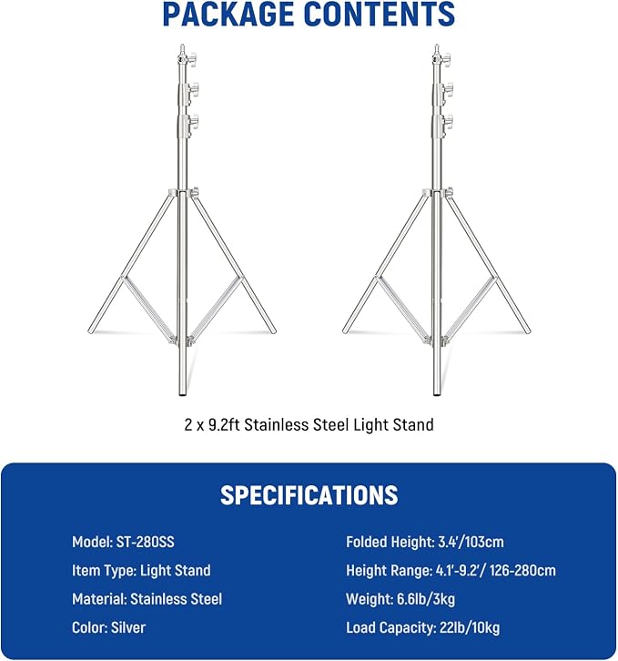 NEEWER 2Pcs 9.2ft Stainless Steel Light Stands, Spring Cushioned Heavy Duty - Image 7