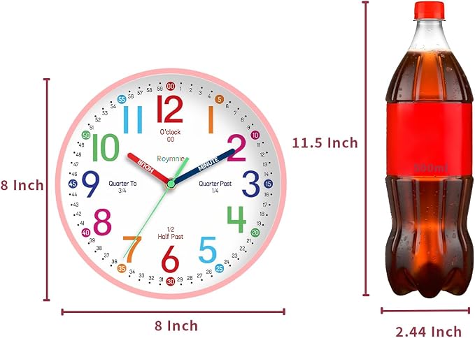 Roymnie Wall Clock 8 Inch for Kids Learning to Tell Time Easily Non Ticking - Image 2
