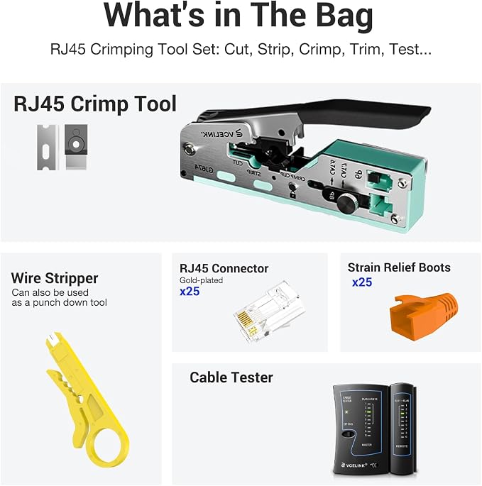 VCELINK RJ45 Crimp Tool Kit for CAT7/6A/6/5E/5, Upgraded Network Tool Set - Image 2