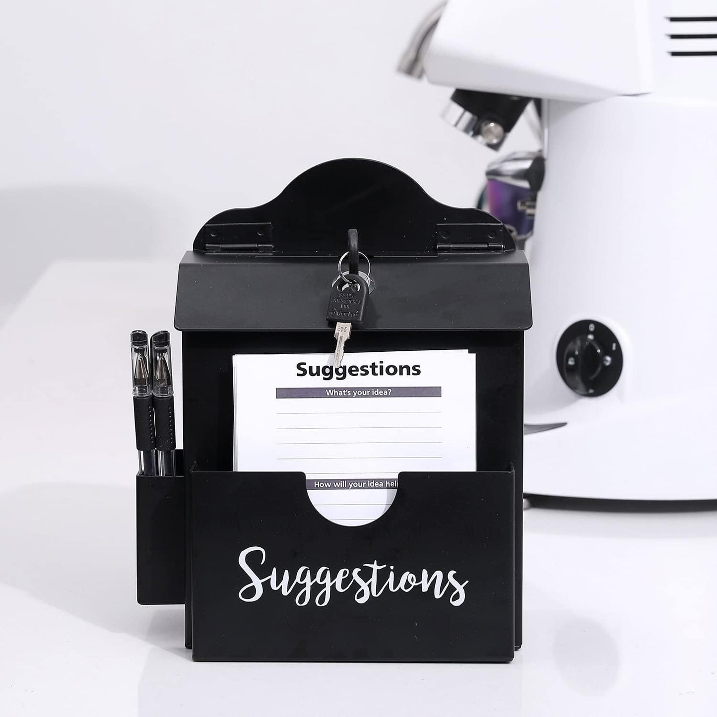 MyGift Classic Matte Black Metal Suggestion Box with Cursive Suggestions Lettering, Wall Mounted or Tabletop Comment Box with Lock, Keys, Paper Sheet and Pen Holder Slots
