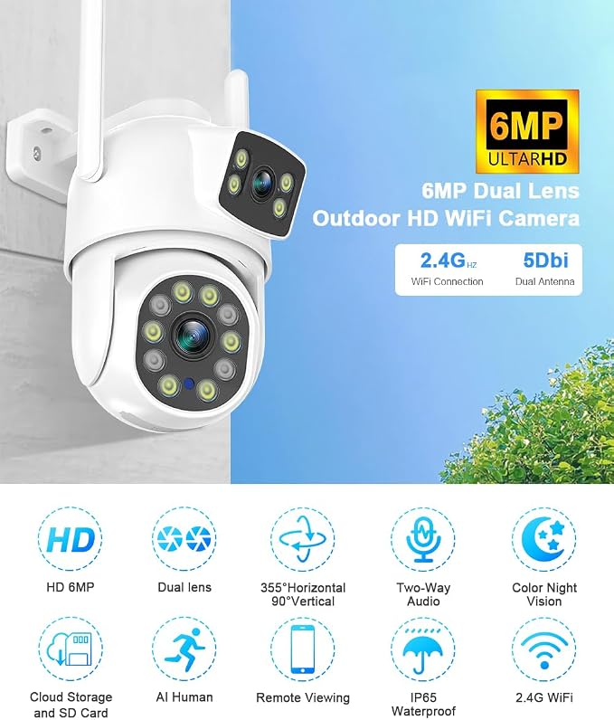 EVERSECU Dual Lens Linkage 6MP WiFi PTZ Security Camera Outdoor, 360° View - Image 2