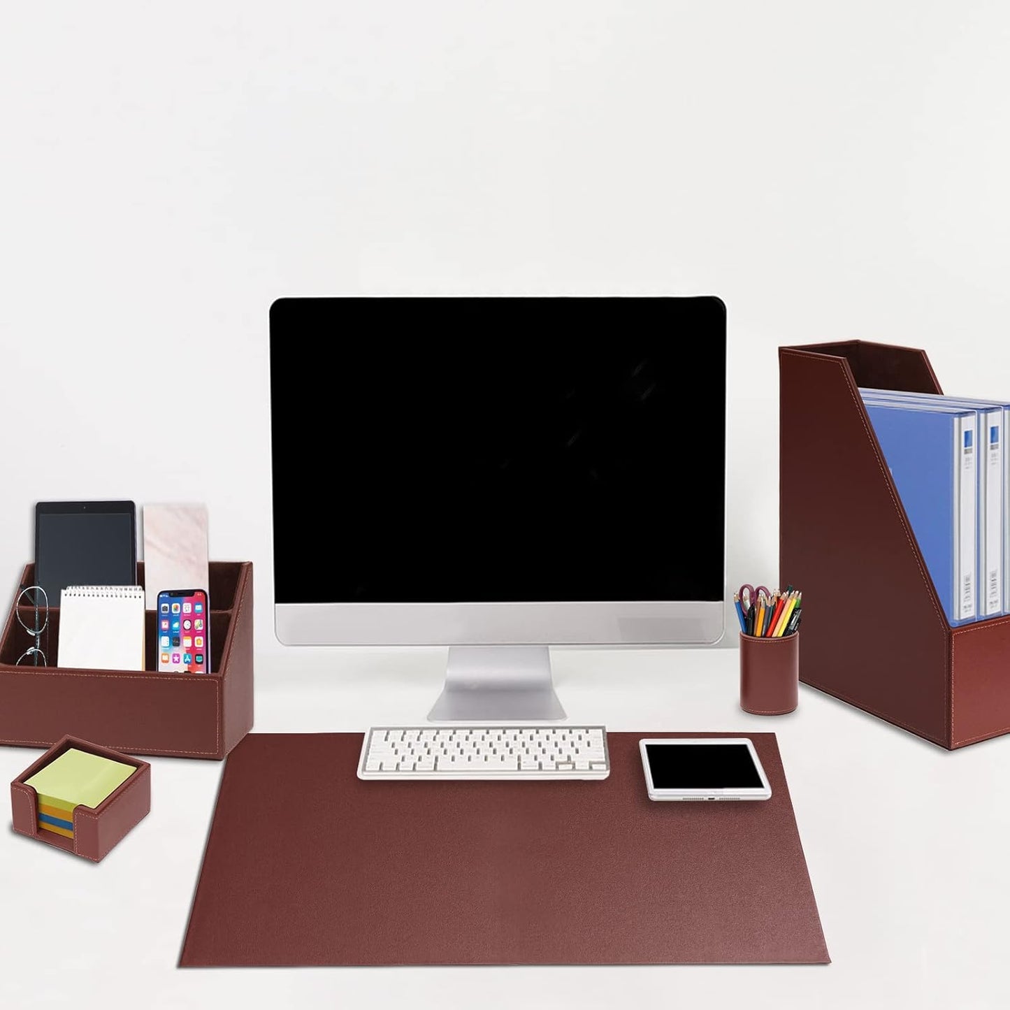 6 Piece Office Supplies/Desk Organizer Set with Desktop Leather Writing Pad,File Paper Tray,Magazine folder Holder, Pen Cup,Sticky Note Holder,Letter Mail Sorter,Workspace Decor for Women Men Brown