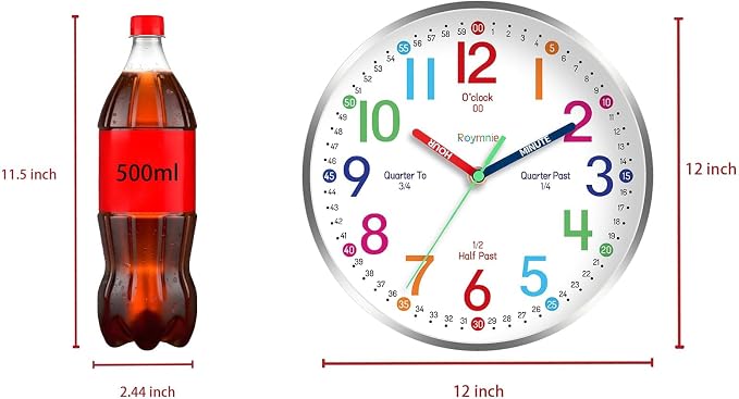 Roymnie Wall Clock for Kids Learning to Tell Time Easily Non Ticking Battery - Image 4