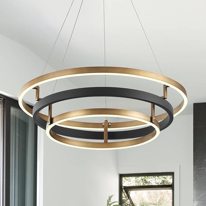 3 Ring LED Chandelier Black Gold Chandelier Light Fixture Dimmable Round Foyer by Aodoran