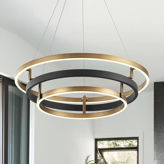 3 Ring LED Chandelier Black Gold Chandelier Light Fixture Dimmable Round Foyer by Aodoran