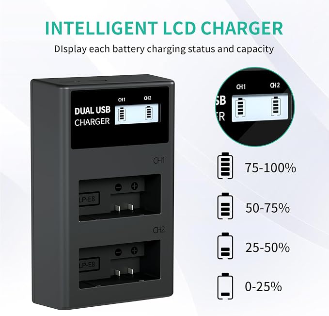LP LP-E8 Battery Charger, LCD Display & Dual Slot Charger Compatible - Image 4